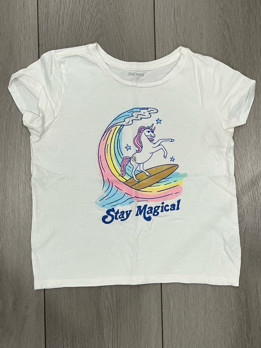Old Navy White Kids Tee with Rainbow Unicorn Surf Graphic
